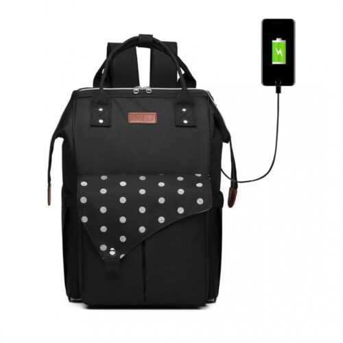 KONO Prebalovací batoh na kočík Polka s USB portom - čierny bodkovaný