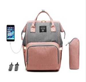 LEQUEEN Multifunkčný batoh na kočík so zabudovaným USB portom - Sivo Ružový